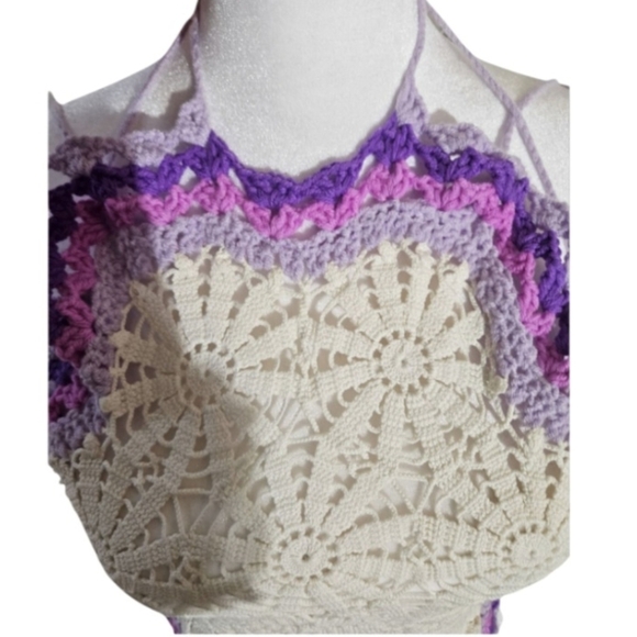 Handmade White Crochet Halter Crop-Top Floral Hand Knit Triangular Shape Purple - Picture 8 of 17